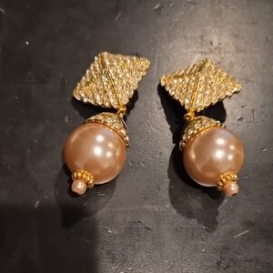 Pearl Drop Earrings with Pave Crystal Diamond Accent Signed